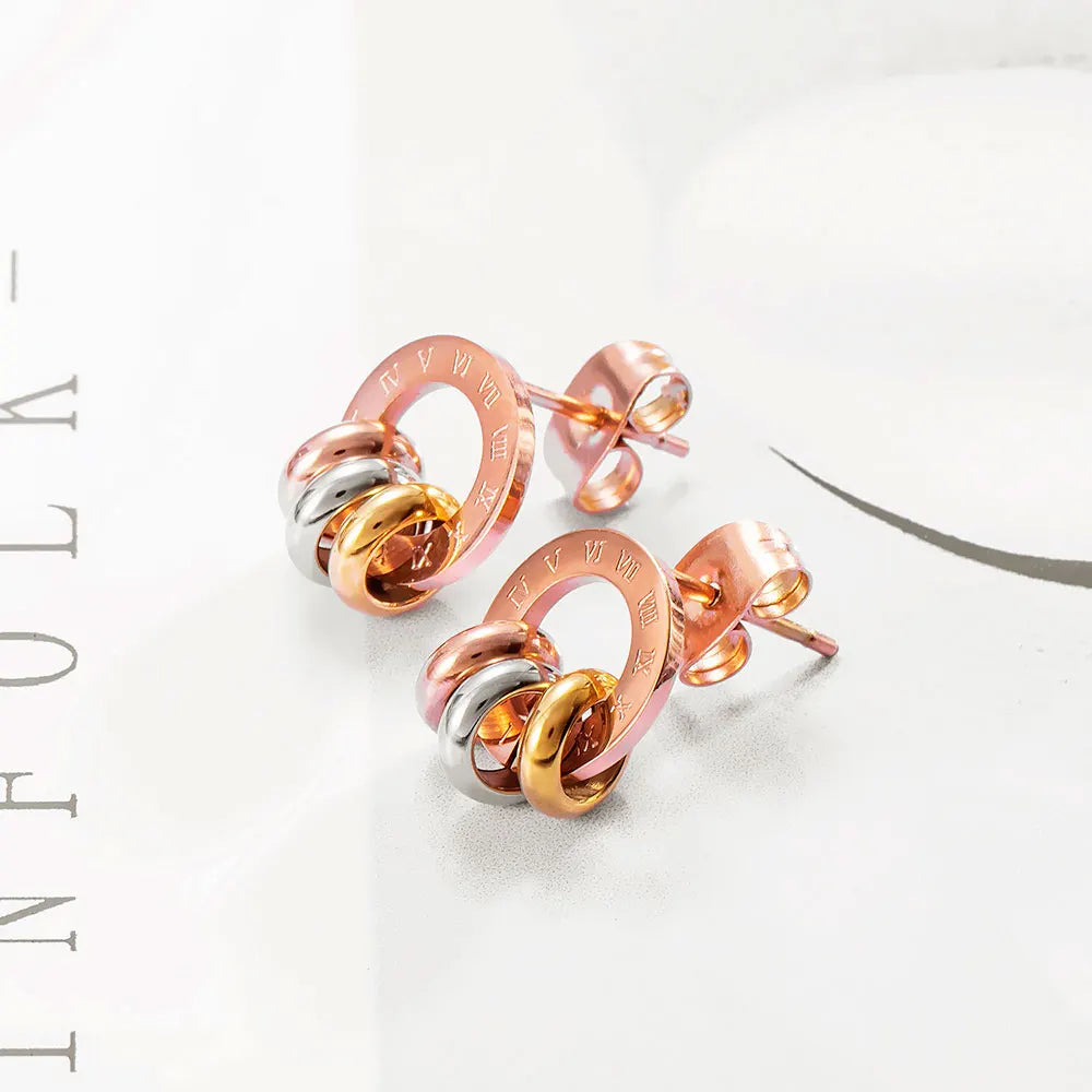 Three-Color Circle Roman Numerals Circle Earrings for Women Titanium Steel Rose Gold Color Female Stud Earrings E17091