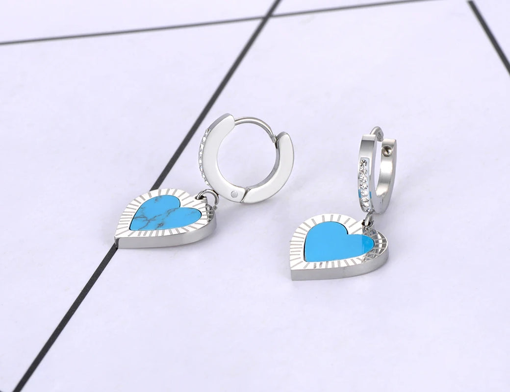 Trendy Titanium Stainless Steel Turquoise Heart Hoop Earring Classic Rhinestone Wedding Earrings Jewelry for Women E22065