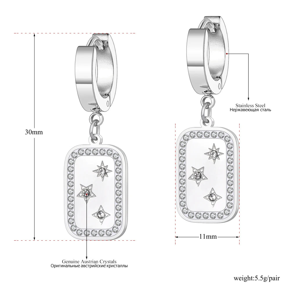 Titanium Stainless Steel Rhinestone Star Earrings Fashion Geometric Rectangle Hoop Earrings Jewelry for Women Girl E22075