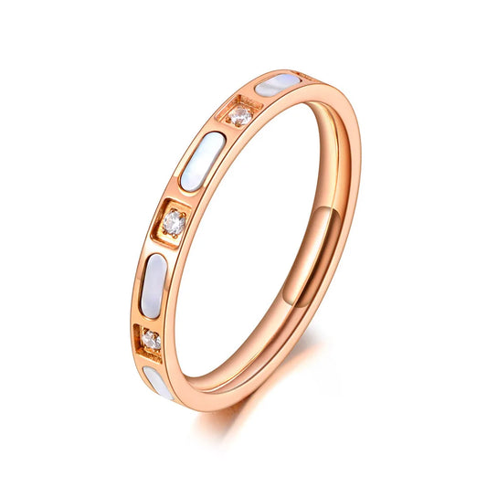 Titanium Stainless Steel Fine Brand White Shell Rings CZ Crystal Bridal Wedding Engagement Ring Jewelry for Women R20068