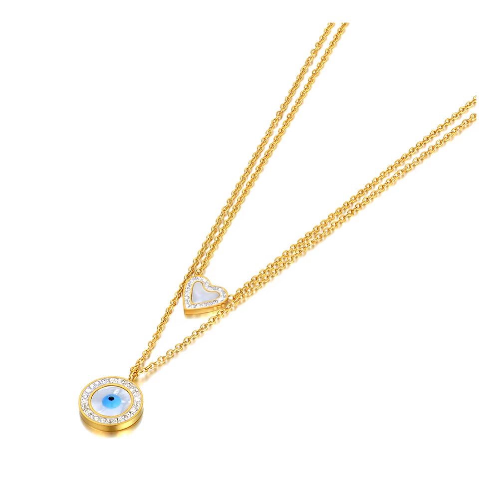 Titanium Stainless Steel Pendant Necklace Fashion Double Layer Heart Turkey Eye Charm Choker Necklace for Women N22062