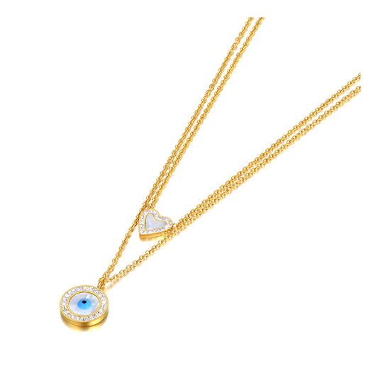 Titanium Stainless Steel Pendant Necklace Fashion Double Layer Heart Turkey Eye Charm Choker Necklace for Women N22062