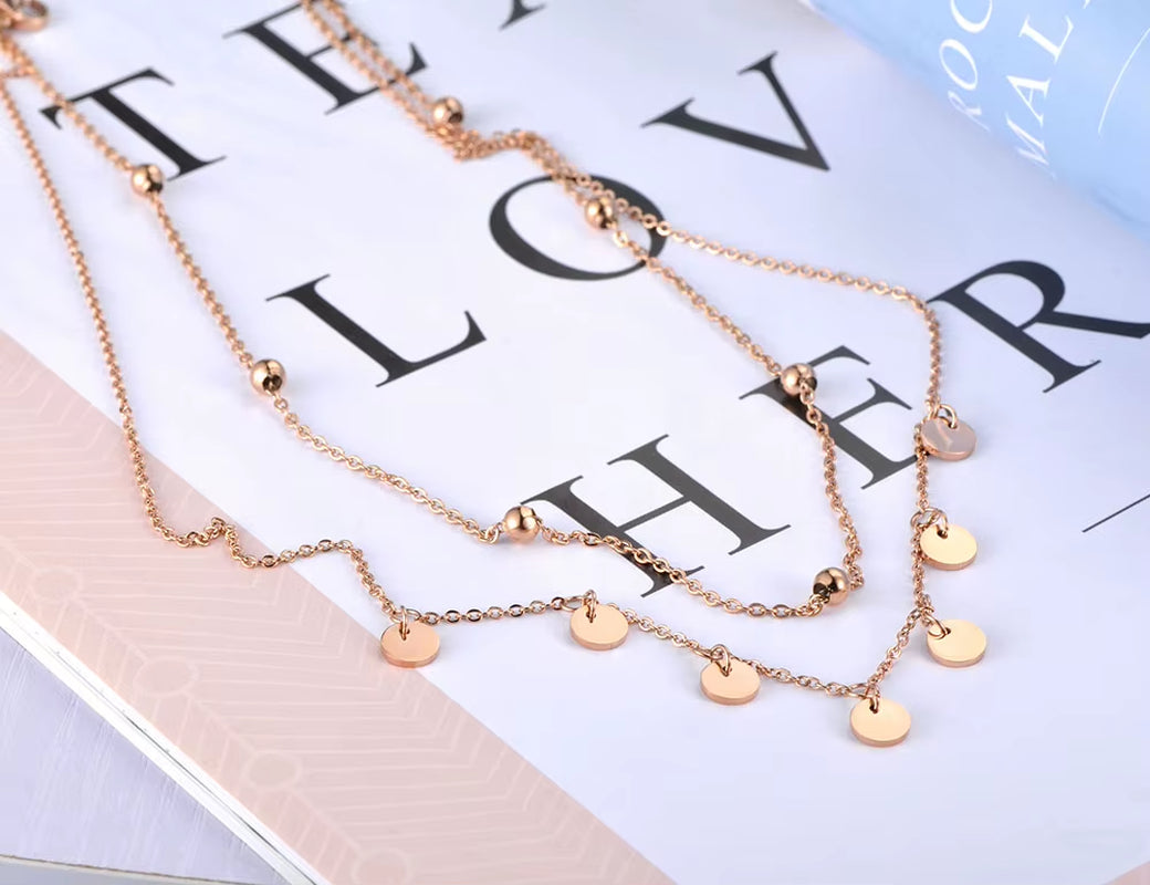 Trendy Bohemia Stainless Steel Double-Layer Charm Chain Choker Necklace Beach Jewelry Pendant Necklace for Women N19127