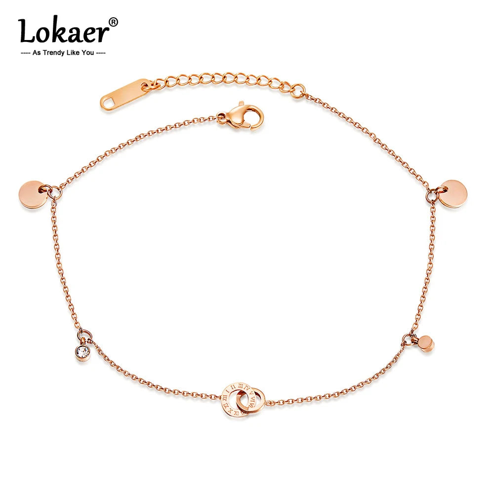 Titanium Steel Bohemia Beach Chain & Link Anklets for Women Girls Trendy CZ Crystal Roman Numerals Charm Anklet A19044