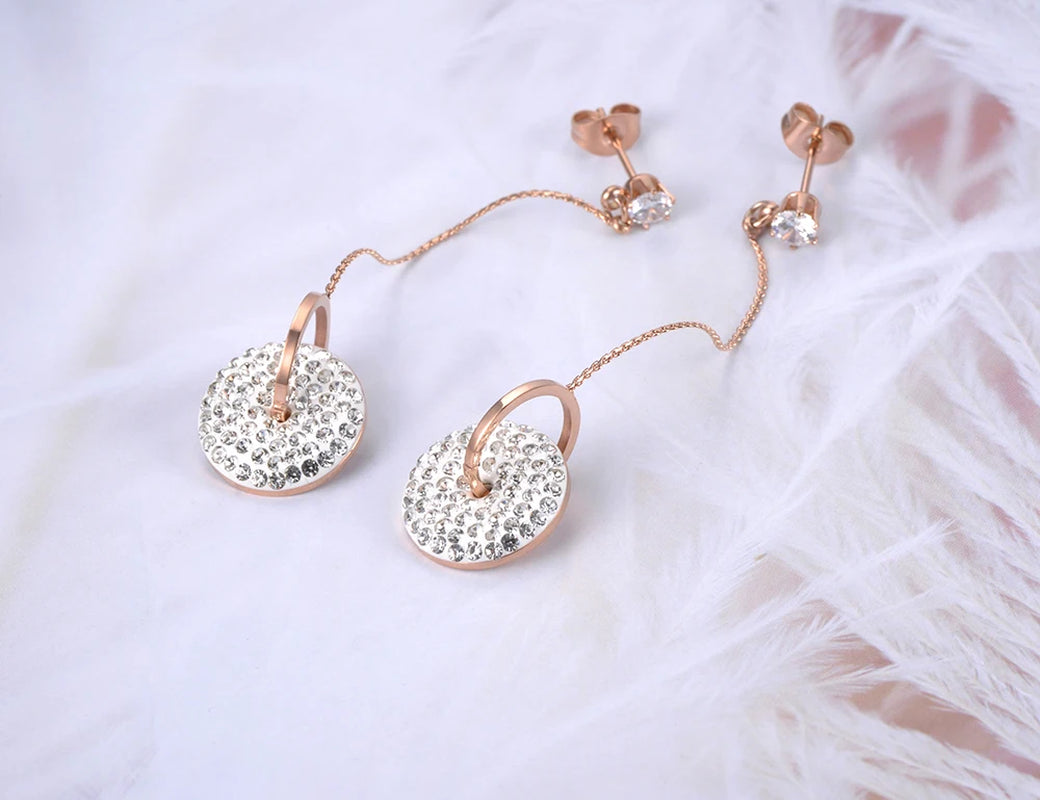 Bohemia Stainless Steel Double Circle Tassel Earrings Jewelry White/Black Shining Crystal Women Dangle Earrings E19115