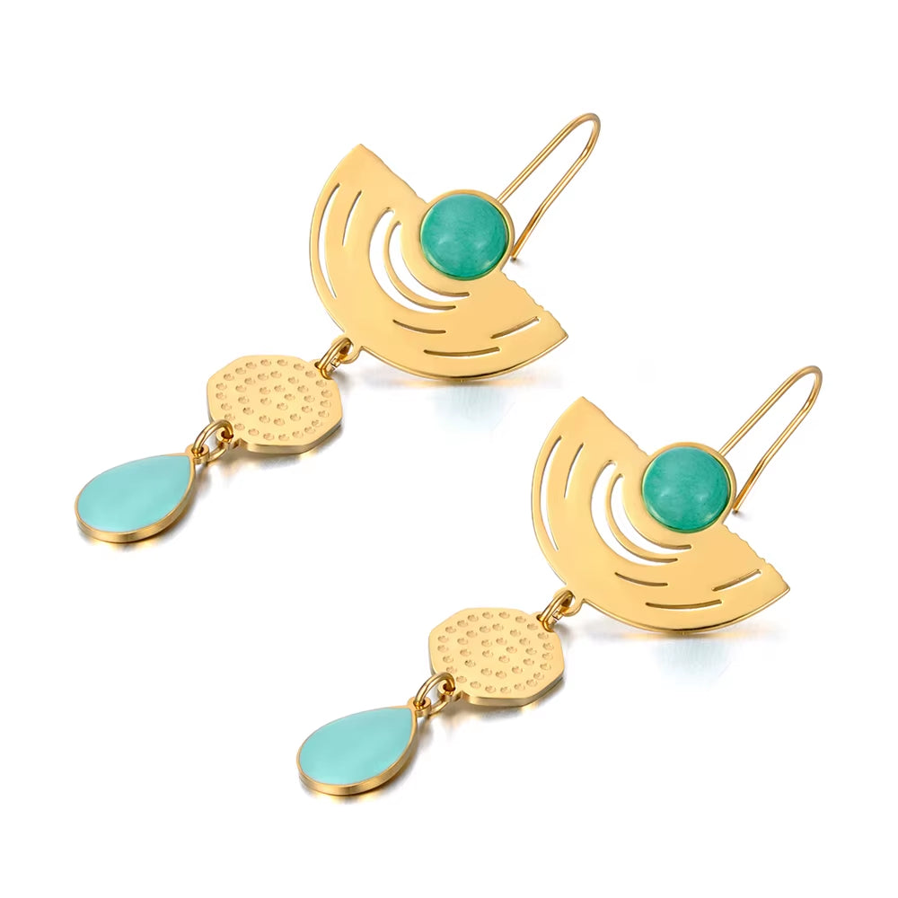 Vintage Stainless Steel Geometry Opals Dangle Earrings 18K Gold Plated Bohemia Party Earrings for Women Girls E22068