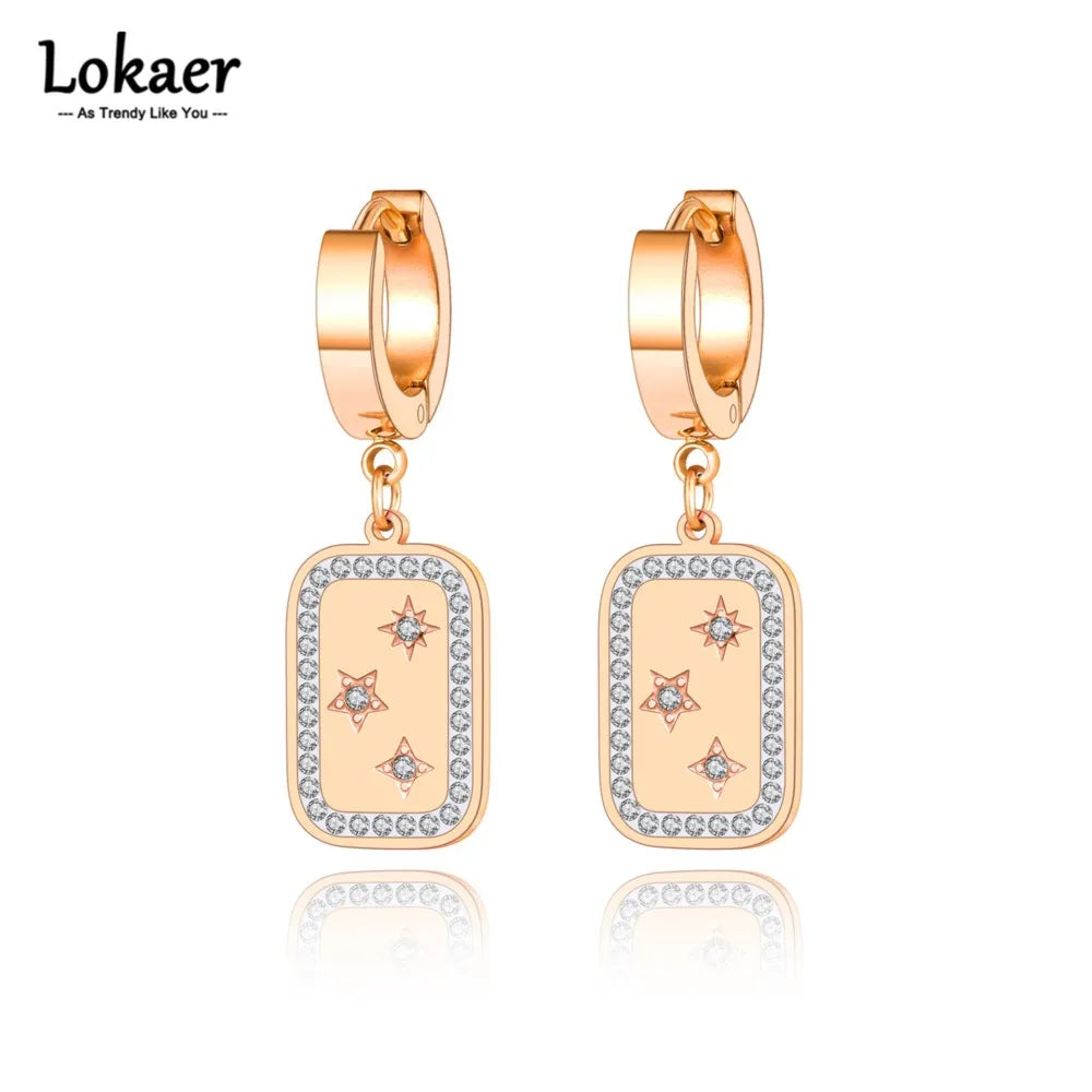 Titanium Stainless Steel Rhinestone Star Earrings Fashion Geometric Rectangle Hoop Earrings Jewelry for Women Girl E22075