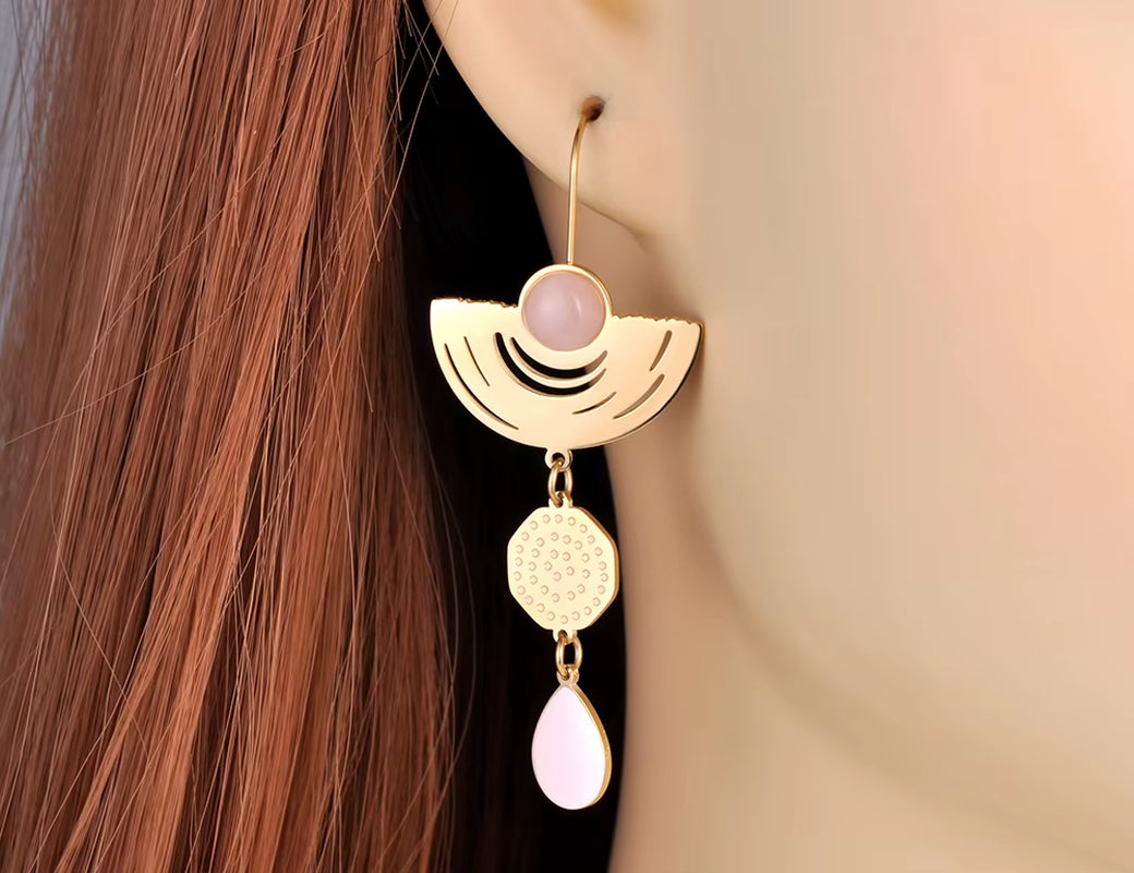Vintage Stainless Steel Geometry Opals Dangle Earrings 18K Gold Plated Bohemia Party Earrings for Women Girls E22068
