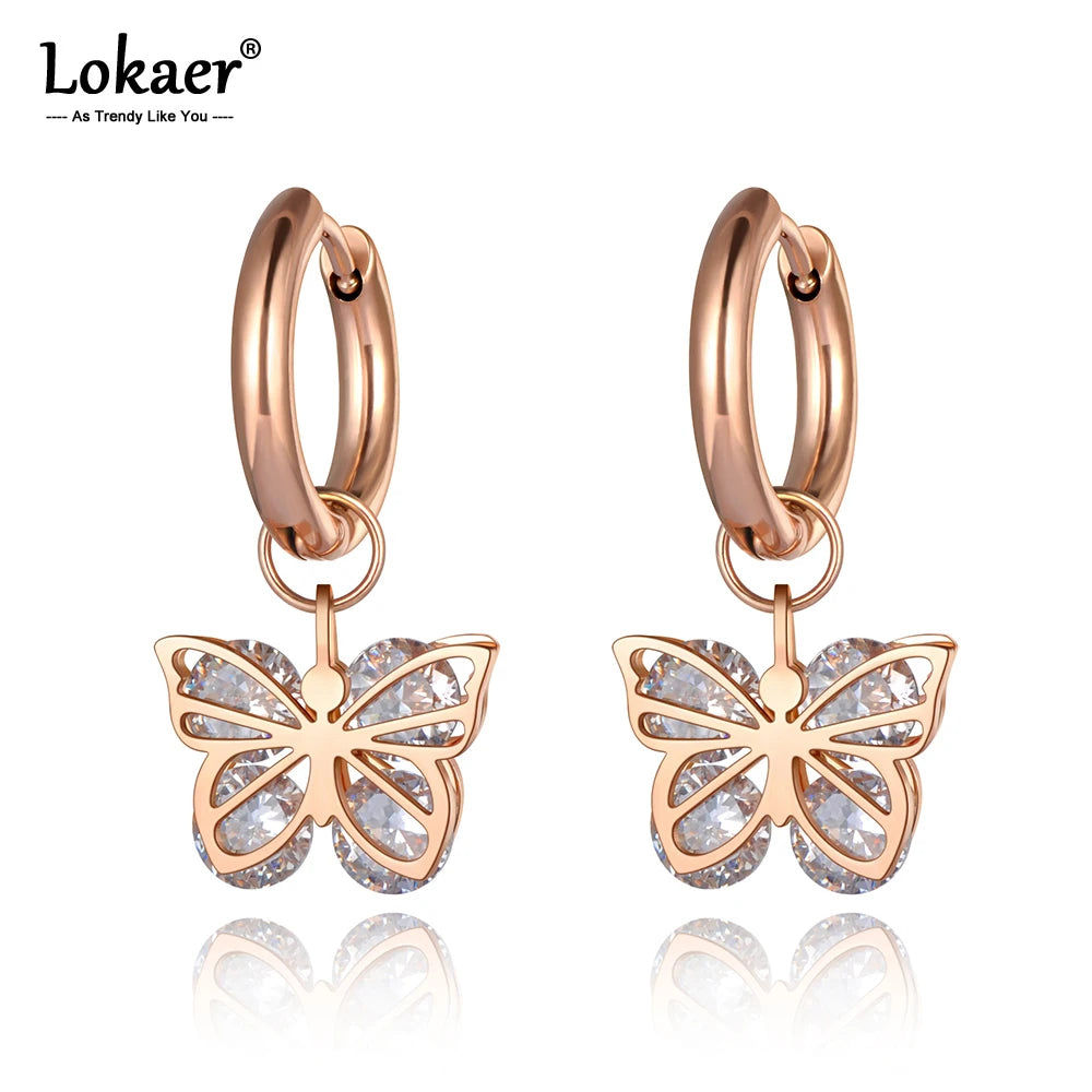 Original Design CZ Crystal Butterfly Hoop Earrings Stainless Steel Trendy Animal Earrings Jewelry for Women Girls E20127