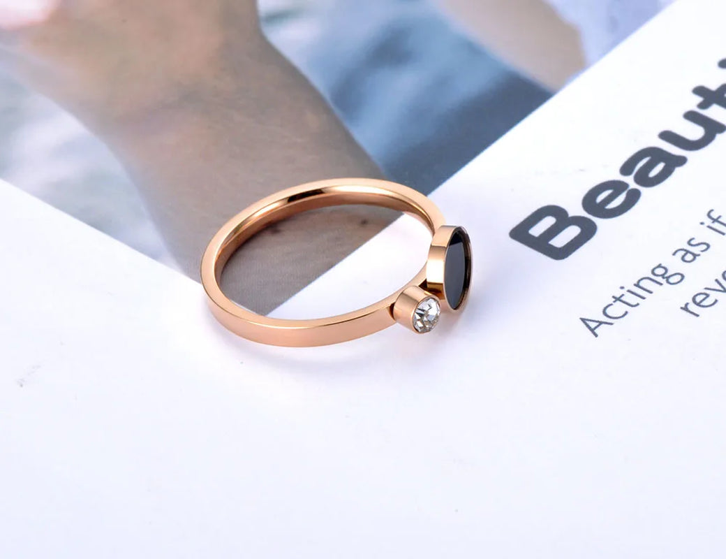 Trendy Titanium Stainless Steel Black Acrylic Rings for Women Girls Mosaic CZ Crystal Love Wedding Ring Jewelry R19078