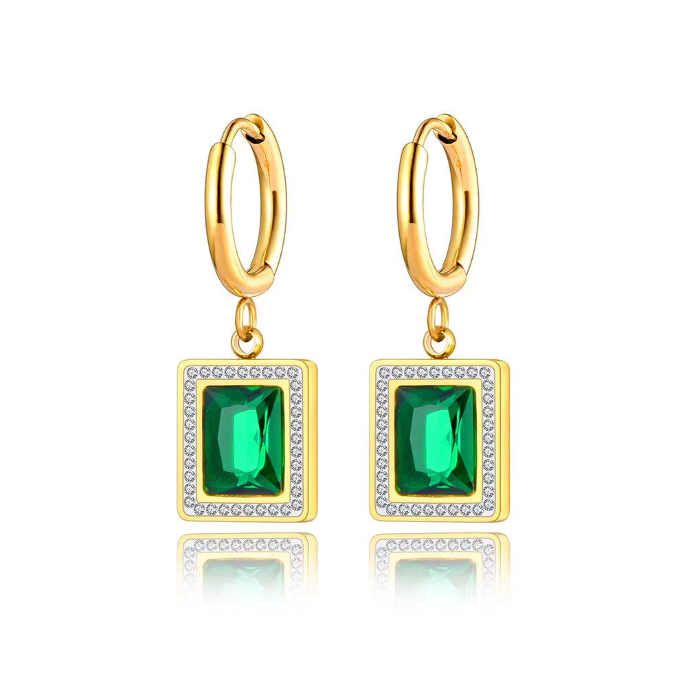 Titanium Stainless Steel Geometric Square Hoop Earrings Trendy Black Green Clear Cubic Zirconia Earrings for Women E22093
