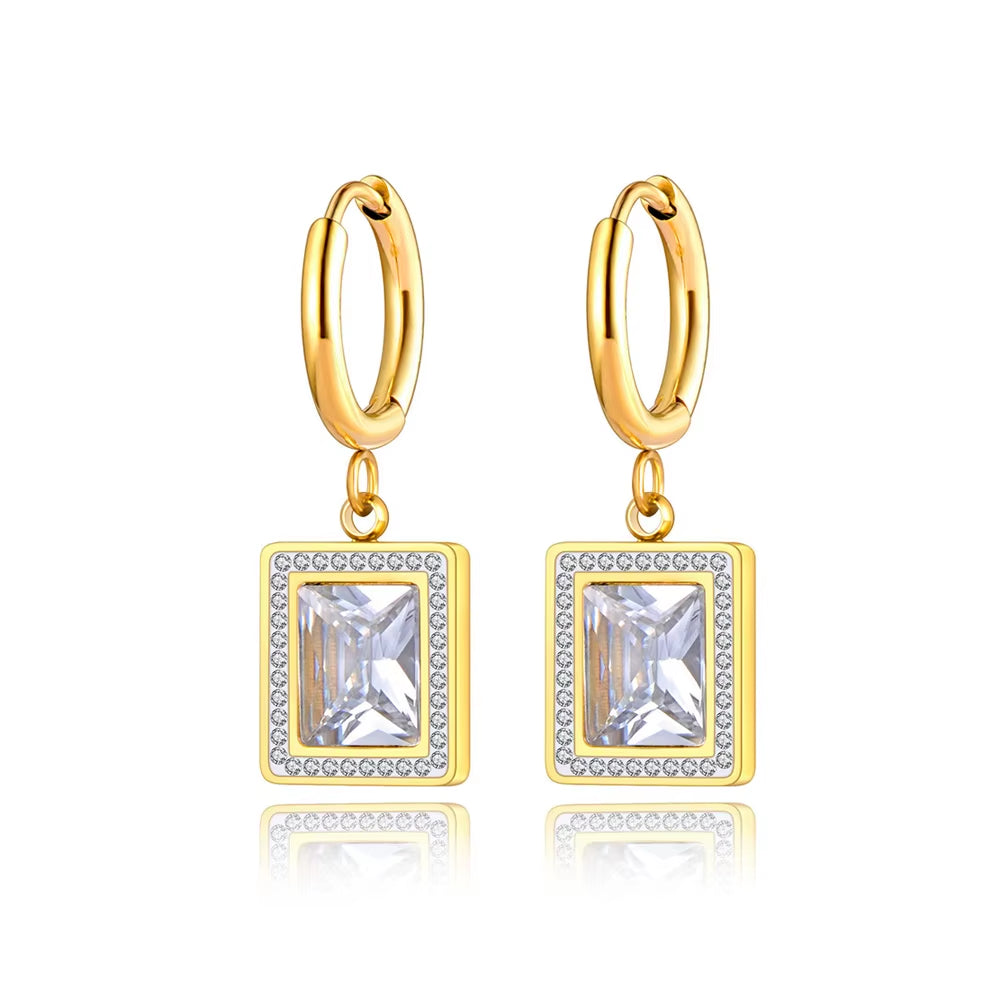 Titanium Stainless Steel Geometric Square Hoop Earrings Trendy Black Green Clear Cubic Zirconia Earrings for Women E22093