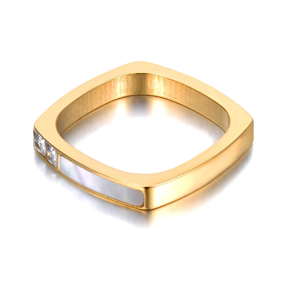 Design Titanium Stainless Steel Geometric Square Cubic Zirconia Rings 18K Gold Plated Bohemia Shell Ring for Women R21028