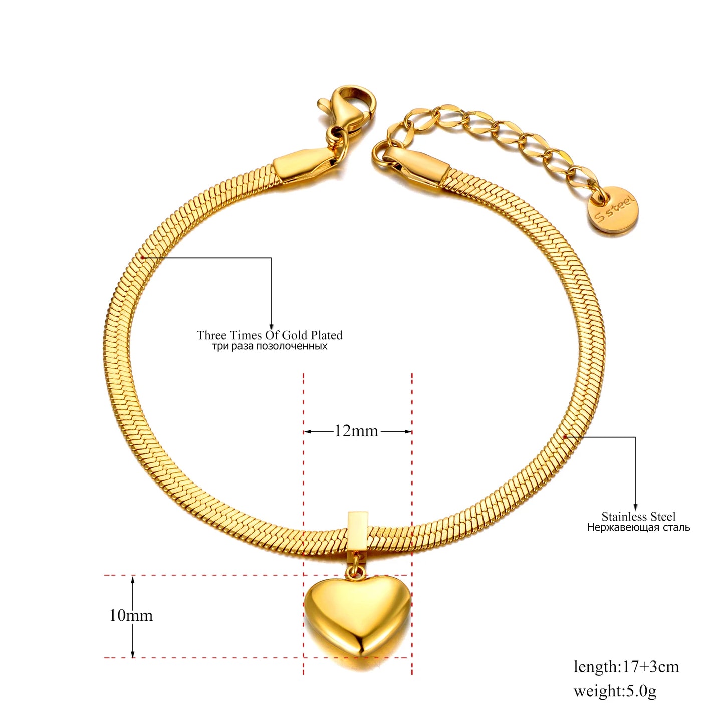18K Gold Plated Heart Charm Bracelets for Women Girls Stainless Steel Snake Chain Bracelet Jewelry Pulseras Mujer B22090