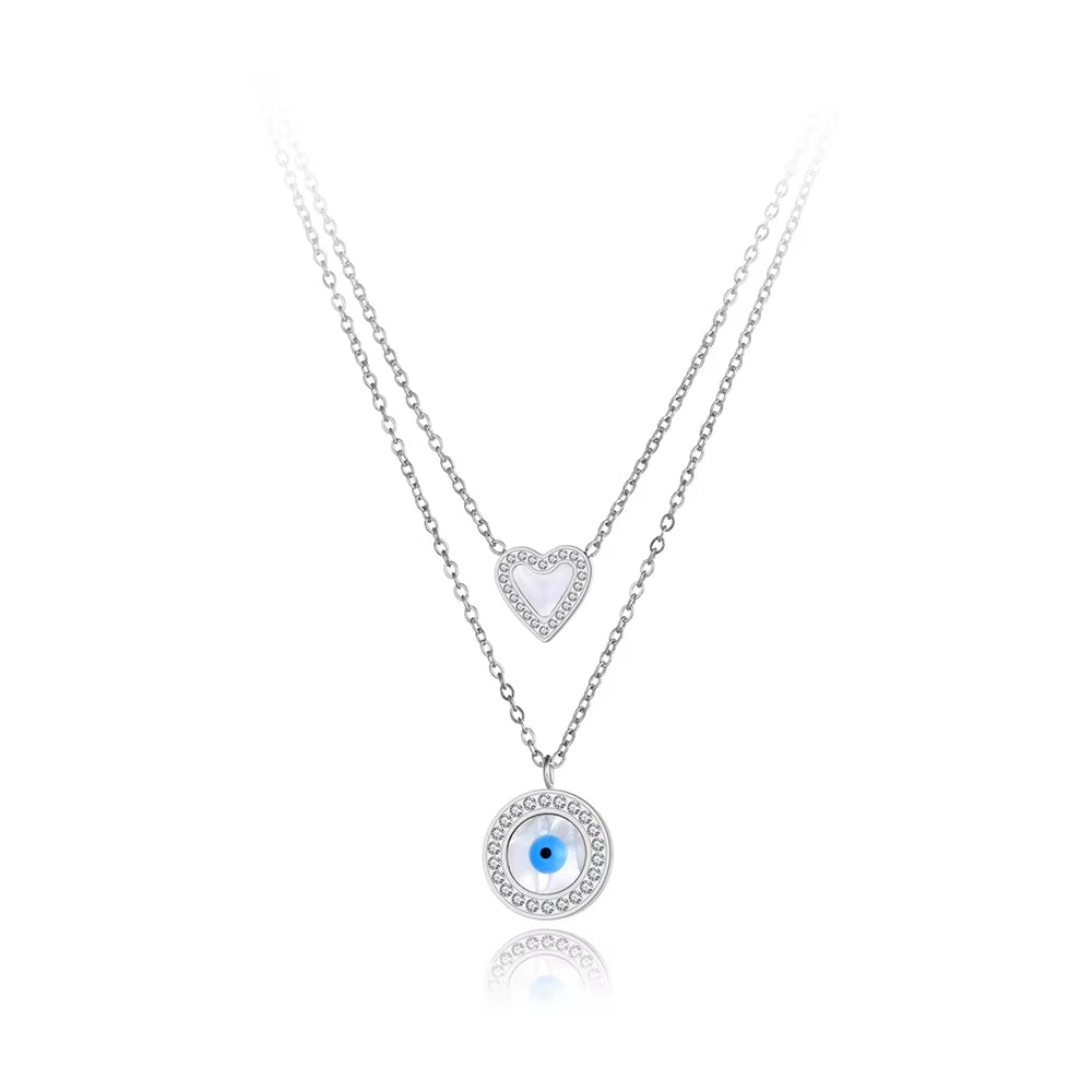 Titanium Stainless Steel Pendant Necklace Fashion Double Layer Heart Turkey Eye Charm Choker Necklace for Women N22062