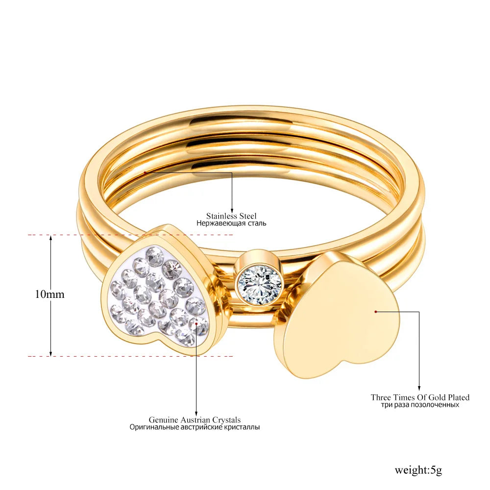 Trendy 3 in 1 Mosaic CZ Crystal Love Heart Rings Jewelry Stainless Steel Wedding Engagement Ring for Women Girls R21032