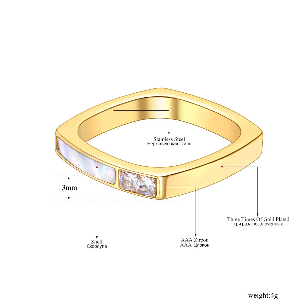 Design Titanium Stainless Steel Geometric Square Cubic Zirconia Rings 18K Gold Plated Bohemia Shell Ring for Women R21028