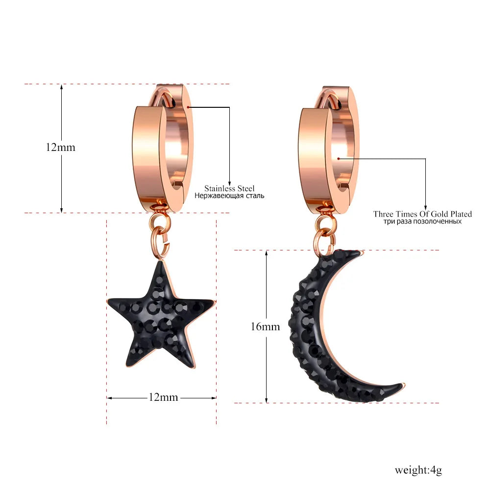 Trendy Titanium Stainless Steel Bohemia Star Moon Earrings Jewelry Office CZ Crystal Hoop Earrings for Women E20287