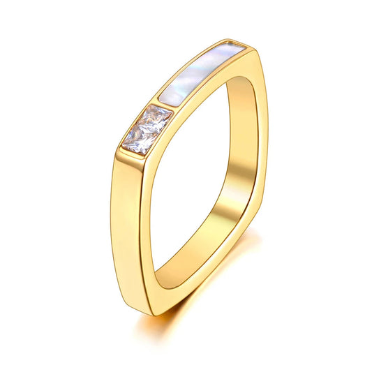 Design Titanium Stainless Steel Geometric Square Cubic Zirconia Rings 18K Gold Plated Bohemia Shell Ring for Women R21028