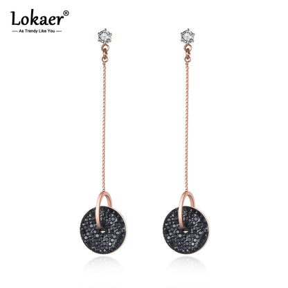 Bohemia Stainless Steel Double Circle Tassel Earrings Jewelry White/Black Shining Crystal Women Dangle Earrings E19115