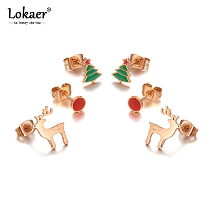 Trendy Titanium Stainless Steel Christmas Tree Reindeer Earrings 3Pair/Set CZ Crystal Earrings for Christmas Gifts E20163