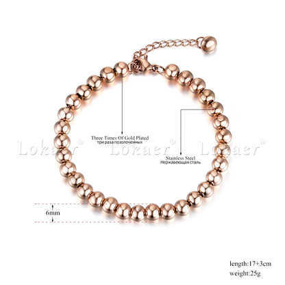 Classic Rose Gold Color 4/5/6Mm round Beads Strand Bracelets Bangle Stainless Steel Link Chain Bracelet for Women B18023