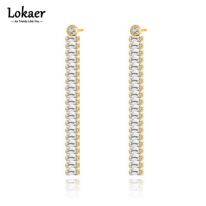 Sparkling Cubic Zirconia Crystal Party Earrings Jewelry for Women Stainless Steel Geometric Long Earrings Серьги E22123