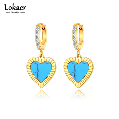 Trendy Titanium Stainless Steel Turquoise Heart Hoop Earring Classic Rhinestone Wedding Earrings Jewelry for Women E22065