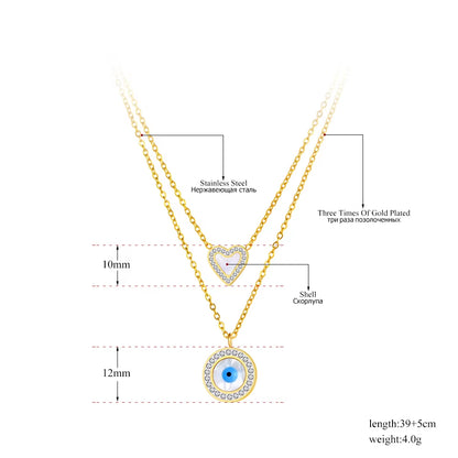 Titanium Stainless Steel Pendant Necklace Fashion Double Layer Heart Turkey Eye Charm Choker Necklace for Women N22062