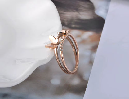 OL Design Stainless Steel Double Butterfly Ring Rose Gold Plated Micro Pave CZ Crystal Anniversary Rings for Women R19020