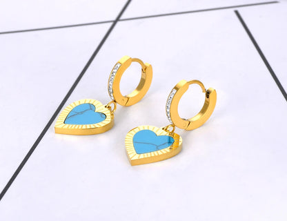 Trendy Titanium Stainless Steel Turquoise Heart Hoop Earring Classic Rhinestone Wedding Earrings Jewelry for Women E22065