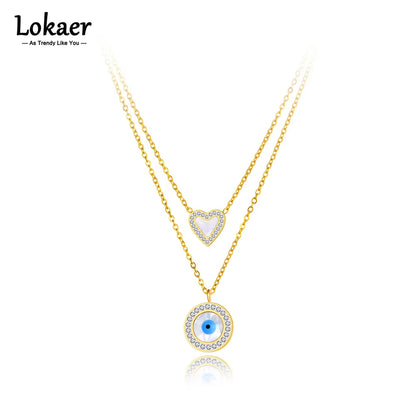 Titanium Stainless Steel Pendant Necklace Fashion Double Layer Heart Turkey Eye Charm Choker Necklace for Women N22062