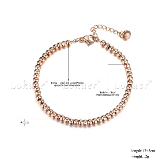 Classic Rose Gold Color 4/5/6Mm round Beads Strand Bracelets Bangle Stainless Steel Link Chain Bracelet for Women B18023