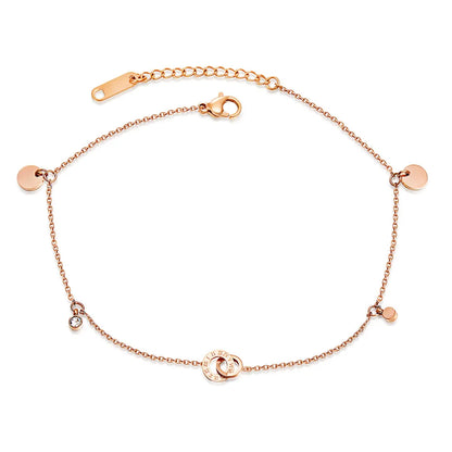 Titanium Steel Bohemia Beach Chain & Link Anklets for Women Girls Trendy CZ Crystal Roman Numerals Charm Anklet A19044