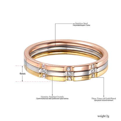 Trendy 3 in 1 Gold Color Mosaic CZ Crystal Rings Jewelry Titanium Steel Wedding Engagement Ring for Women Girls R19055