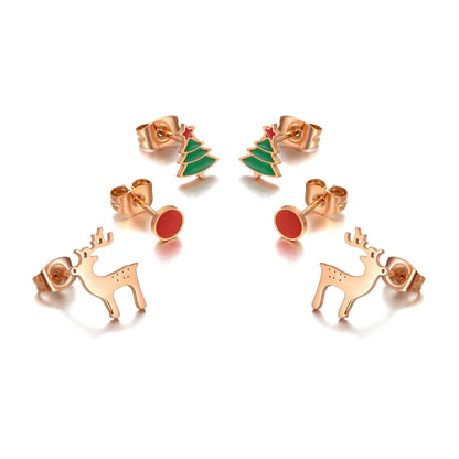 Trendy Titanium Stainless Steel Christmas Tree Reindeer Earrings 3Pair/Set CZ Crystal Earrings for Christmas Gifts E20163