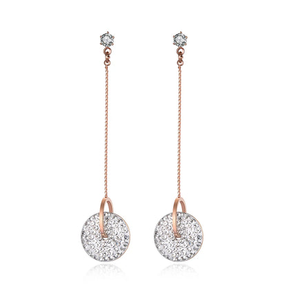 Bohemia Stainless Steel Double Circle Tassel Earrings Jewelry White/Black Shining Crystal Women Dangle Earrings E19115