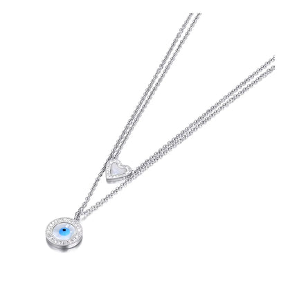 Titanium Stainless Steel Pendant Necklace Fashion Double Layer Heart Turkey Eye Charm Choker Necklace for Women N22062