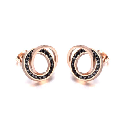 Trendy Stainless Steel Clay Crystal Double Circles Stud Earrings Jewelry Vintage Earrings for Women Girls E19091