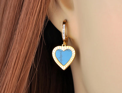 Trendy Titanium Stainless Steel Turquoise Heart Hoop Earring Classic Rhinestone Wedding Earrings Jewelry for Women E22065