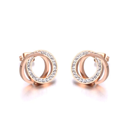 Trendy Stainless Steel Clay Crystal Double Circles Stud Earrings Jewelry Vintage Earrings for Women Girls E19091