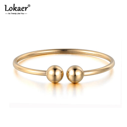 Stainless Steel Double Ball Open Cuff Bangles for Women Trendy Rose Gold Plated Party Jewelry B18027