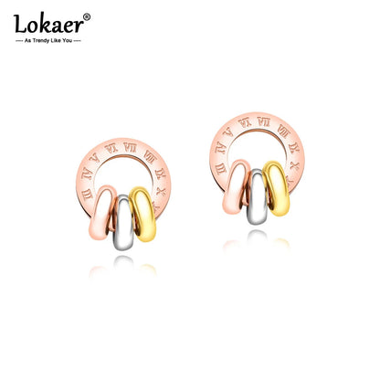 Three-Color Circle Roman Numerals Circle Earrings for Women Titanium Steel Rose Gold Color Female Stud Earrings E17091