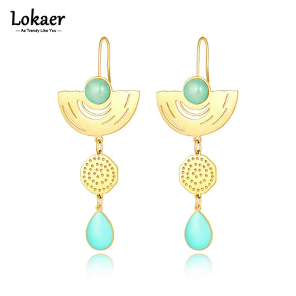 Vintage Stainless Steel Geometry Opals Dangle Earrings 18K Gold Plated Bohemia Party Earrings for Women Girls E22068
