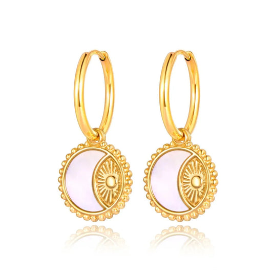 14K Gold Plated Hoop Earrings for Women Girl Stainless Steel Sun Moon Charm Hoop Earrings Jewelry Pendientes Mujer E22166
