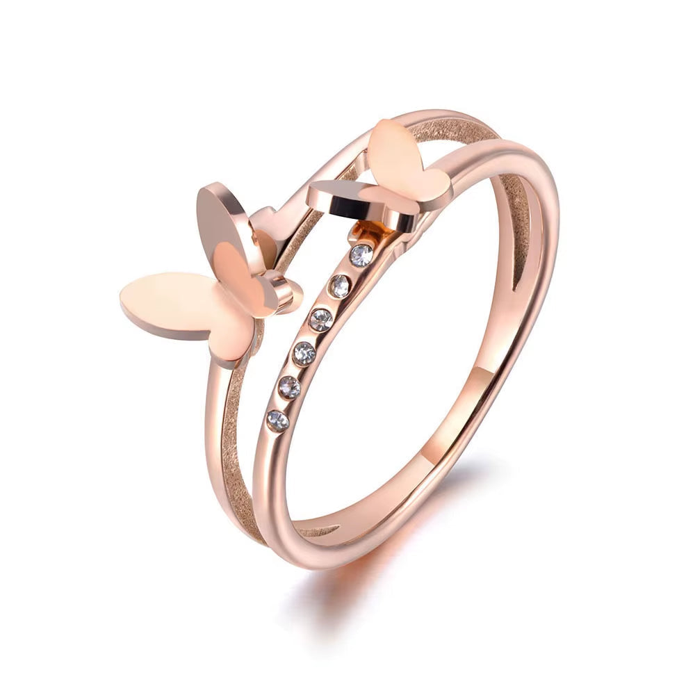OL Design Stainless Steel Double Butterfly Ring Rose Gold Plated Micro Pave CZ Crystal Anniversary Rings for Women R19020