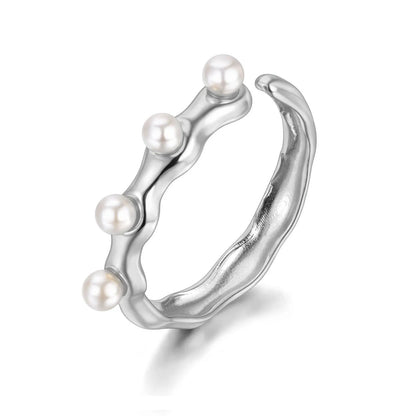 Fashion White Simulated Pearl Open Rings Jewelry for Women Girl Stainless Steel Bohemia Party Ring Женские Кольца R22032