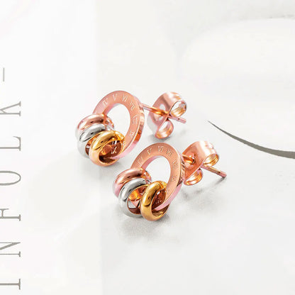 Three-Color Circle Roman Numerals Circle Earrings for Women Titanium Steel Rose Gold Color Female Stud Earrings E17091