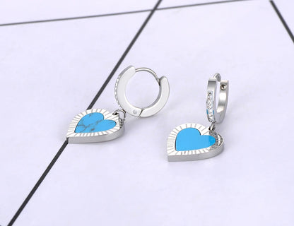 Trendy Titanium Stainless Steel Turquoise Heart Hoop Earring Classic Rhinestone Wedding Earrings Jewelry for Women E22065
