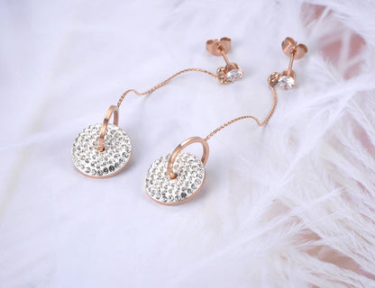 Bohemia Stainless Steel Double Circle Tassel Earrings Jewelry White/Black Shining Crystal Women Dangle Earrings E19115